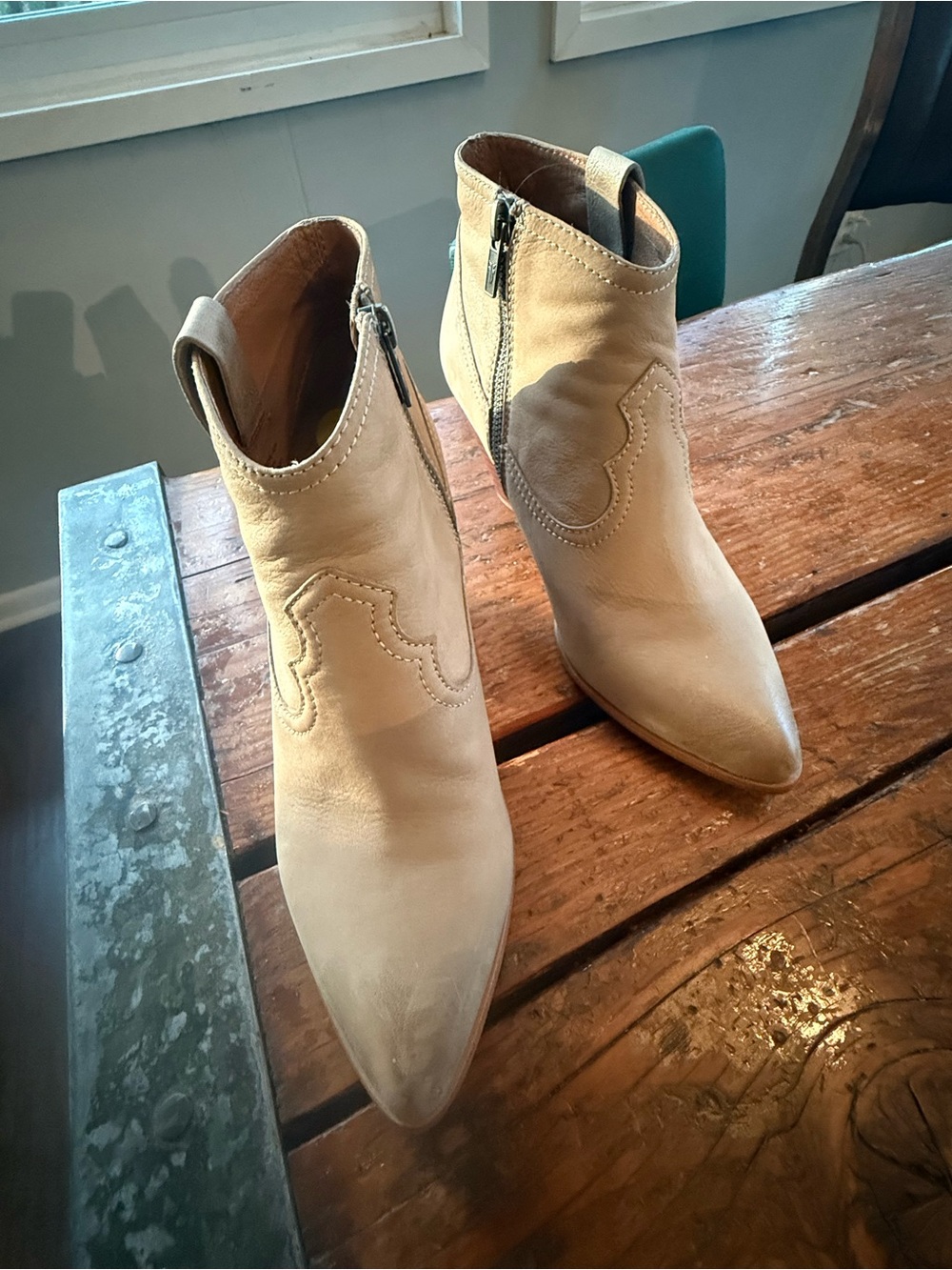 Frye Beige Suede Pointed Ankle Booties with Side Zip